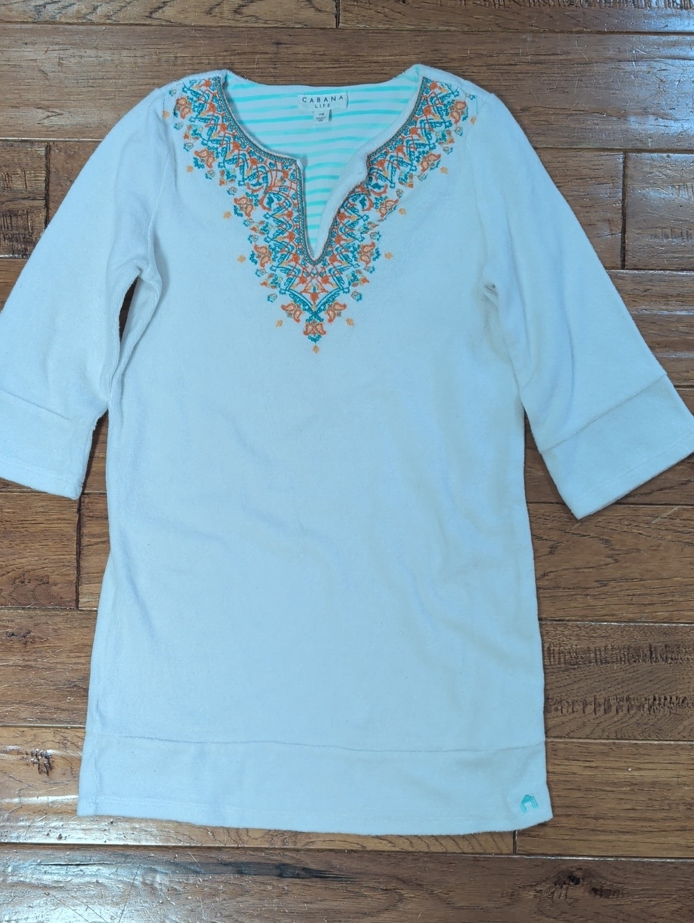 Cabana Life Terry White Tunic with Turquoise & Orange Embroidery